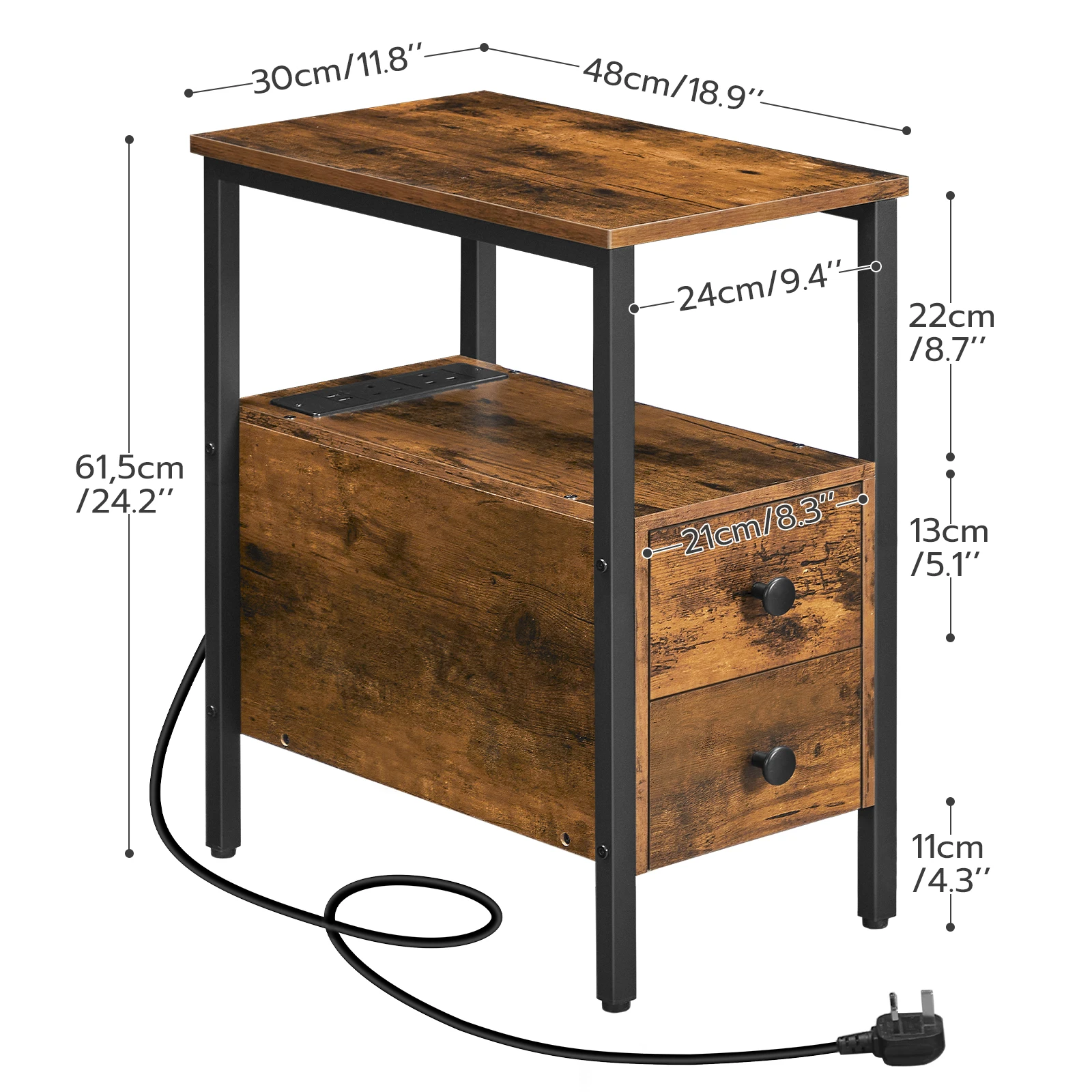 HOOBRO End Table With Charging Station Narrow Side Table With 2Drawer And USB Port And Power Outlets Nightstand For Small Space