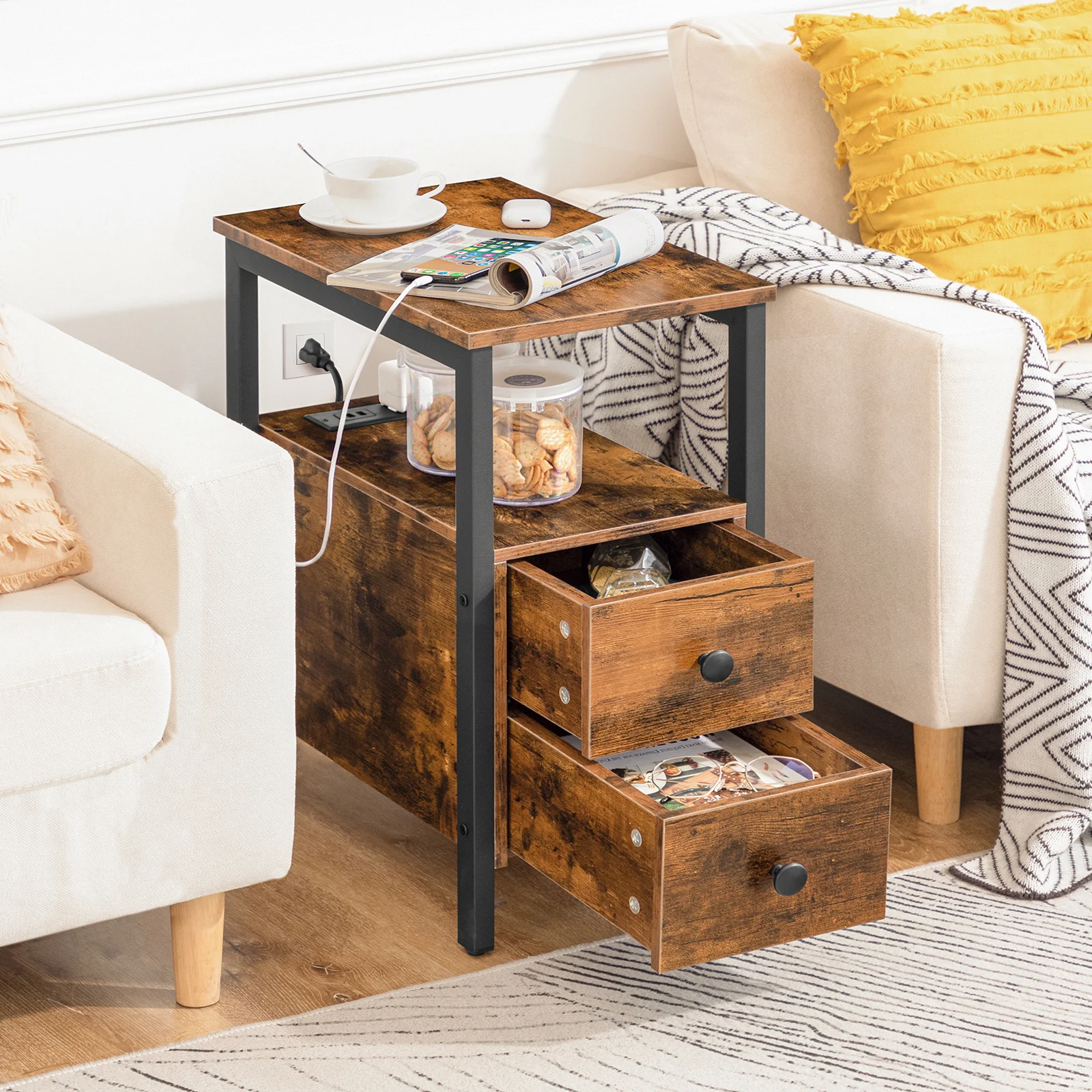 HOOBRO End Table With Charging Station Narrow Side Table With 2Drawer And USB Port And Power Outlets Nightstand For Small Space