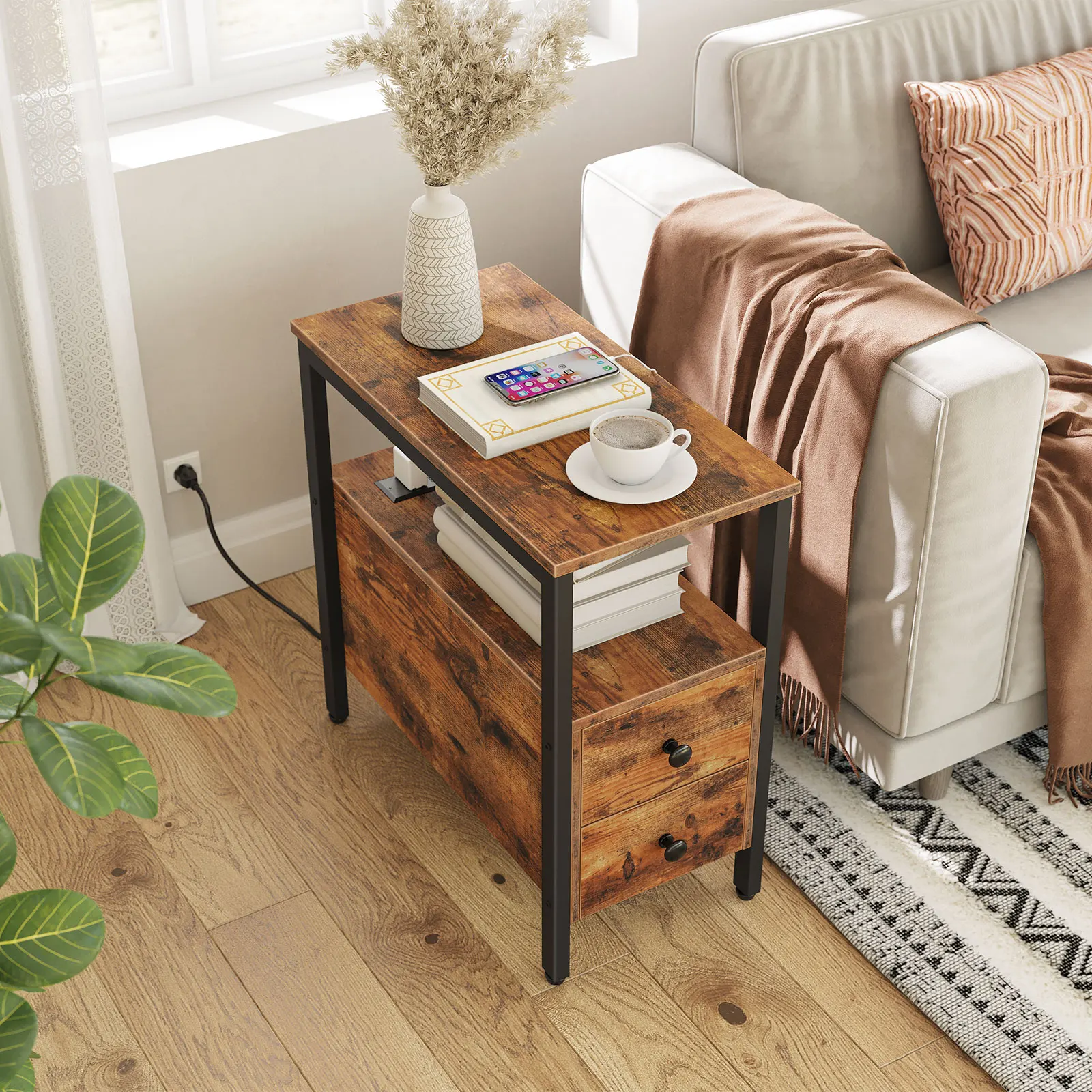 HOOBRO End Table With Charging Station Narrow Side Table With 2Drawer And USB Port And Power Outlets Nightstand For Small Space