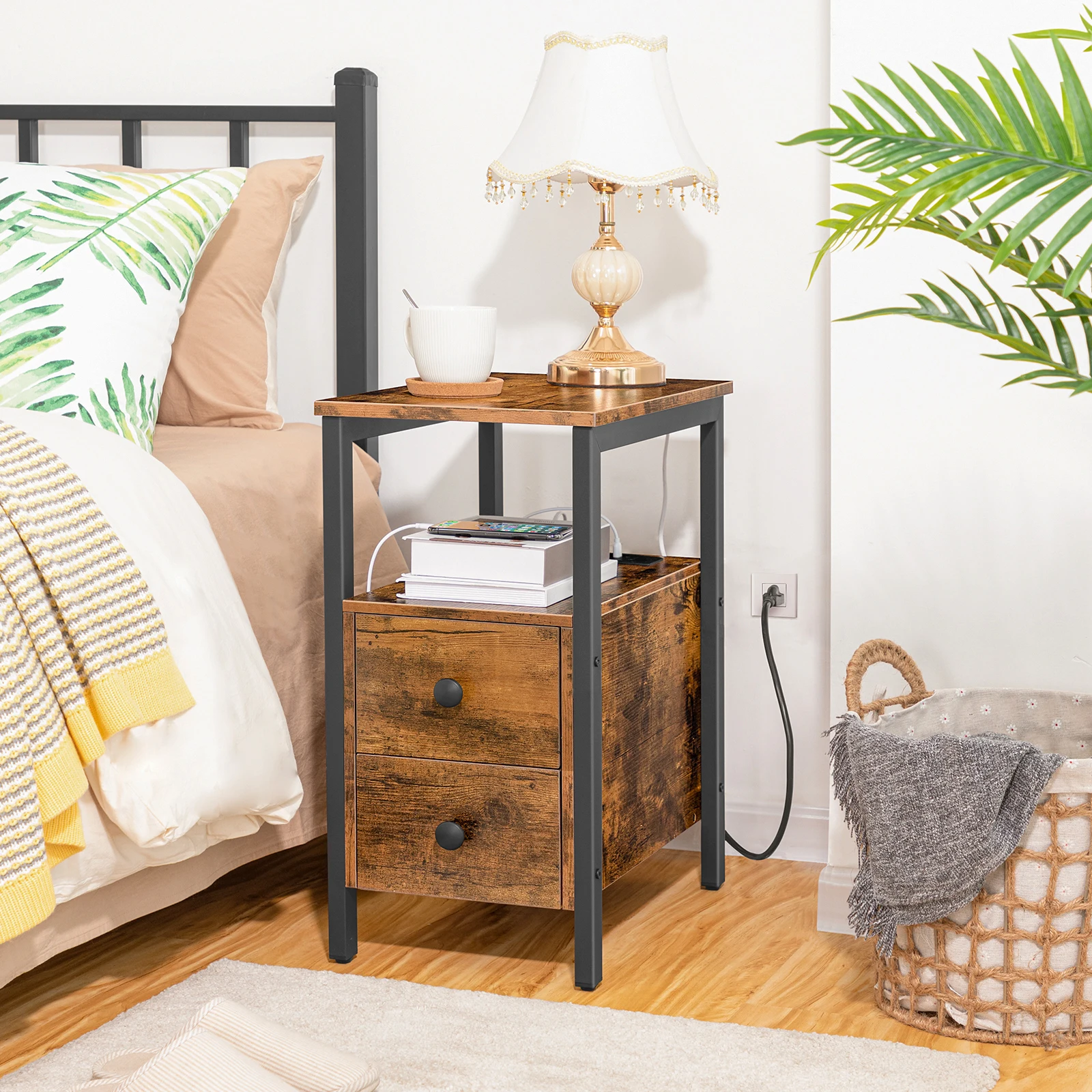 HOOBRO End Table With Charging Station Narrow Side Table With 2Drawer And USB Port And Power Outlets Nightstand For Small Space