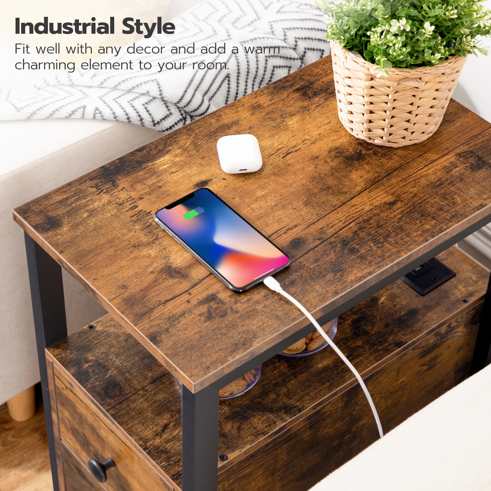 HOOBRO End Table With Charging Station Narrow Side Table With 2Drawer And USB Port And Power Outlets Nightstand For Small Space