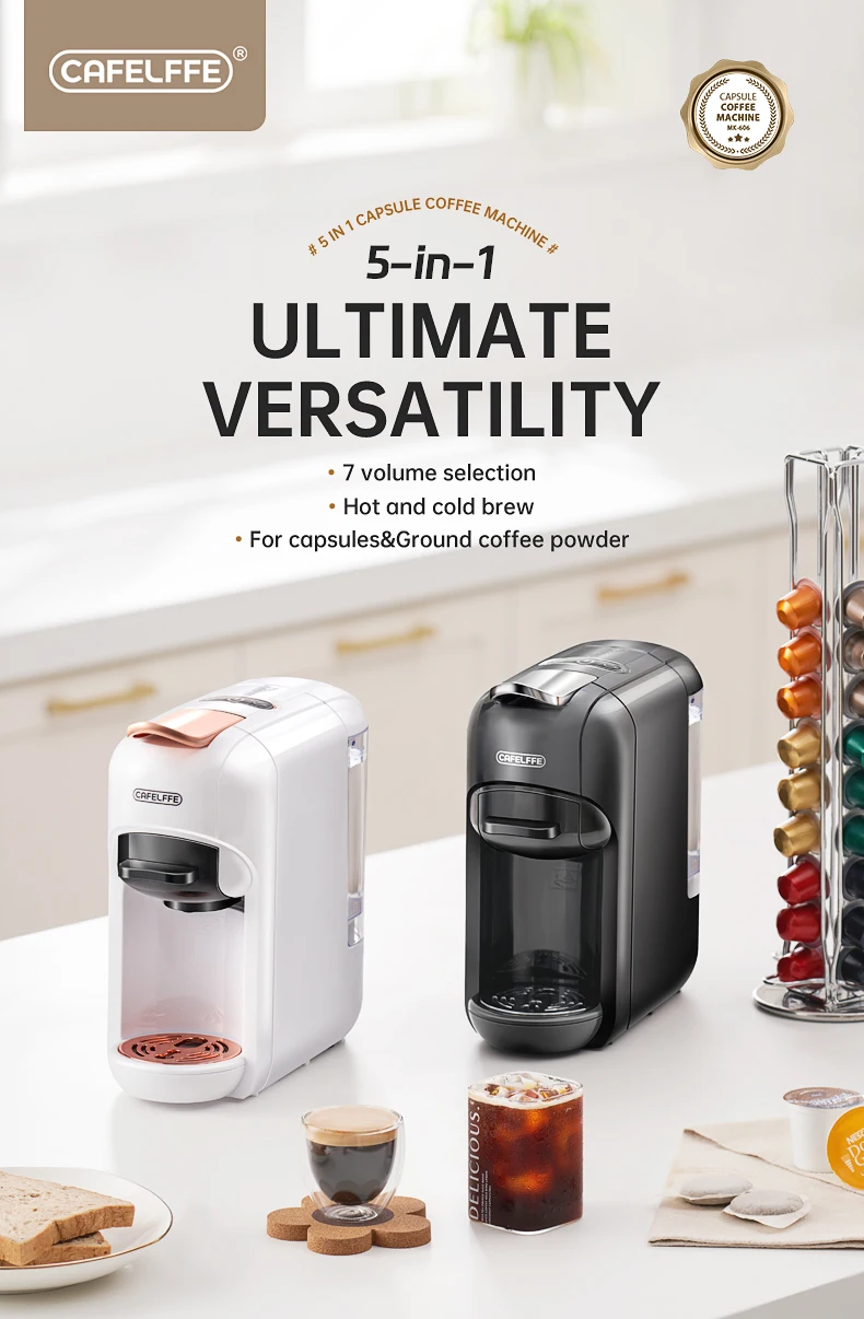 Cafelffe 5 in 1 Multiple Capsule Coffee Machine Hot/Cold DG Cappuccino Nespresso Capsule ESE Pod Ground Coffee Cafeteria 19Bar