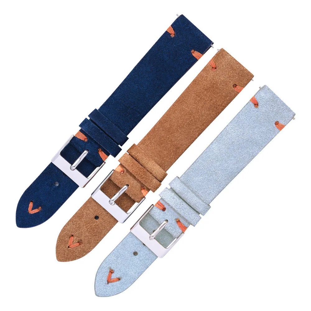 Suede Watch Straps 18mm 20mm Hand Stitched Beige Green Blue Suede Leather Watch Bands For Man Woman Quick Release Watch Bracelet