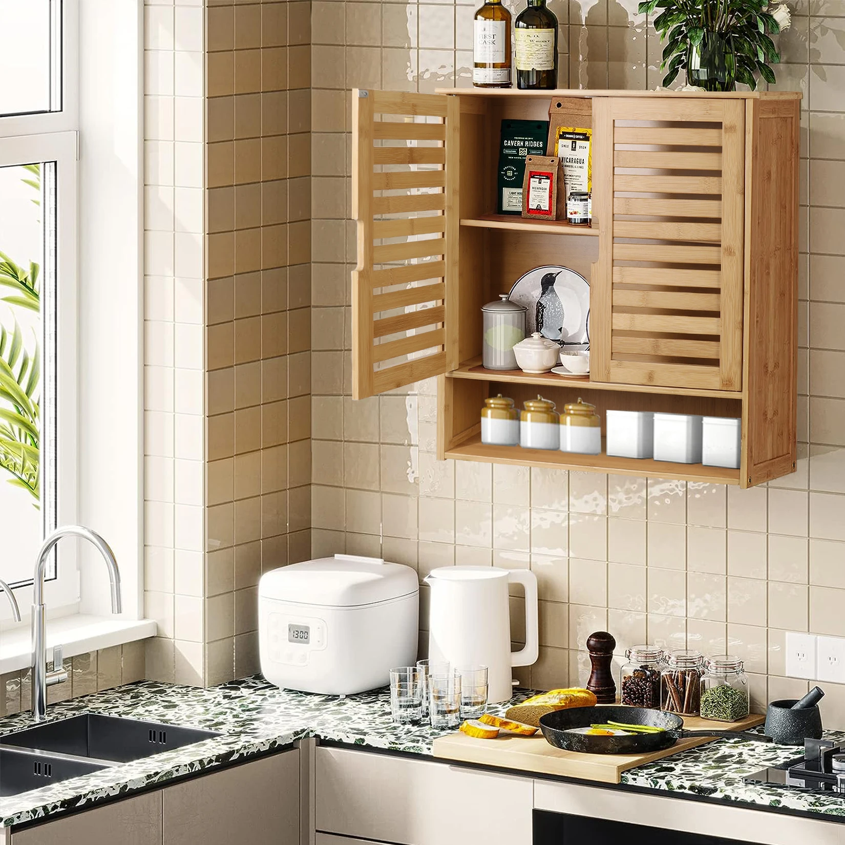 Wall Mounted Bamboo Bathroom Cabinet Storage Shelf Medicine Cupboard Organizer Rack for Bathrooms