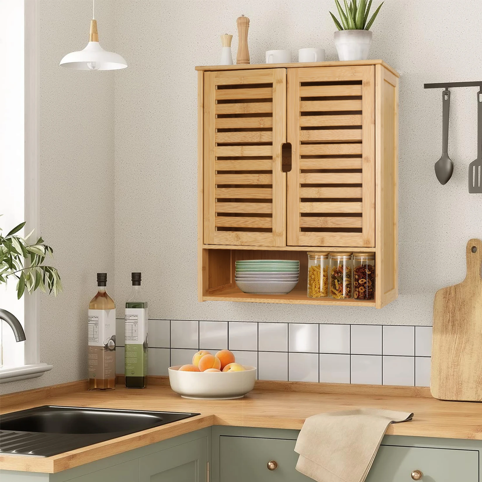 Wall Mounted Bamboo Bathroom Cabinet Storage Shelf Medicine Cupboard Organizer Rack for Bathrooms