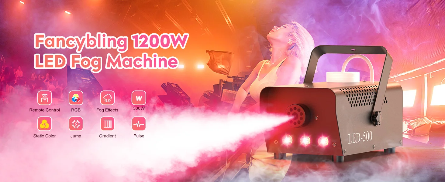 Gwong 500W RGB LED Colorful Smoke Machine LED Remote Fogger Ejector for Disco DJ Show Wedding Party Stage Light Effects Fog Machine