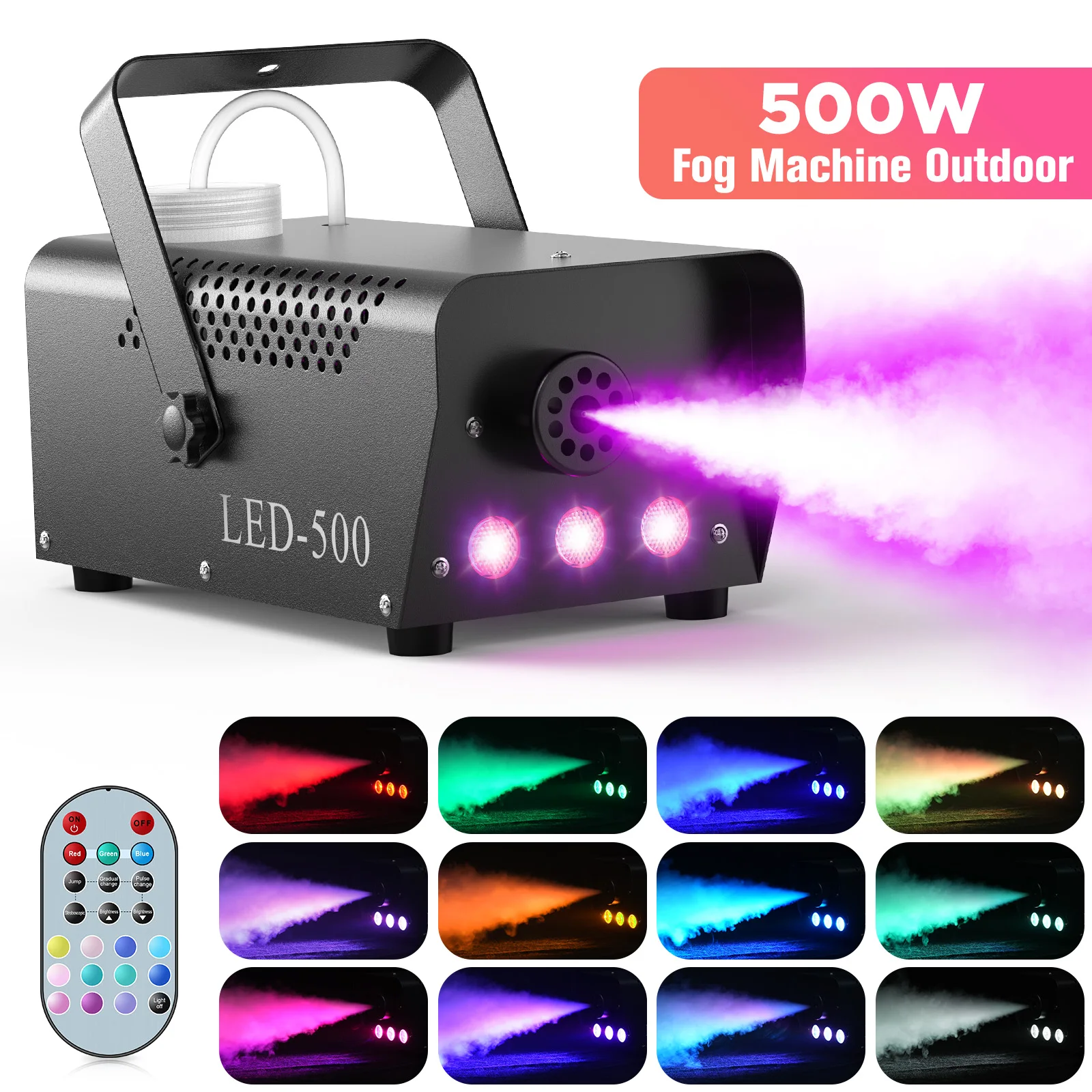 Gwong 500W RGB LED Colorful Smoke Machine LED Remote Fogger Ejector for Disco DJ Show Wedding Party Stage Light Effects Fog Machine