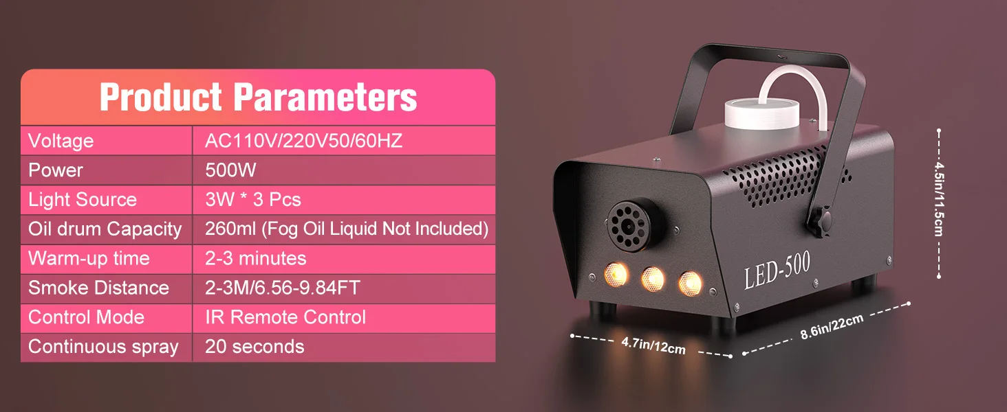 Gwong 500W RGB LED Colorful Smoke Machine LED Remote Fogger Ejector for Disco DJ Show Wedding Party Stage Light Effects Fog Machine
