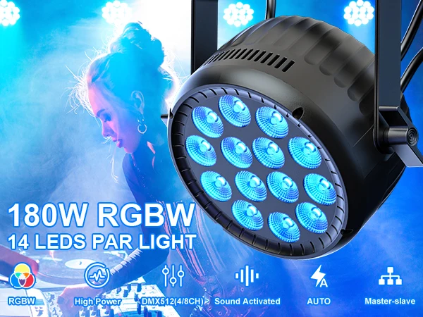 U'King 2PCS 180W RGBW Par Light DMX512 Stage Light 4/8CH 14x15W RGBW LED Par Light Colorful Effect Lighting for DJ Disco Party