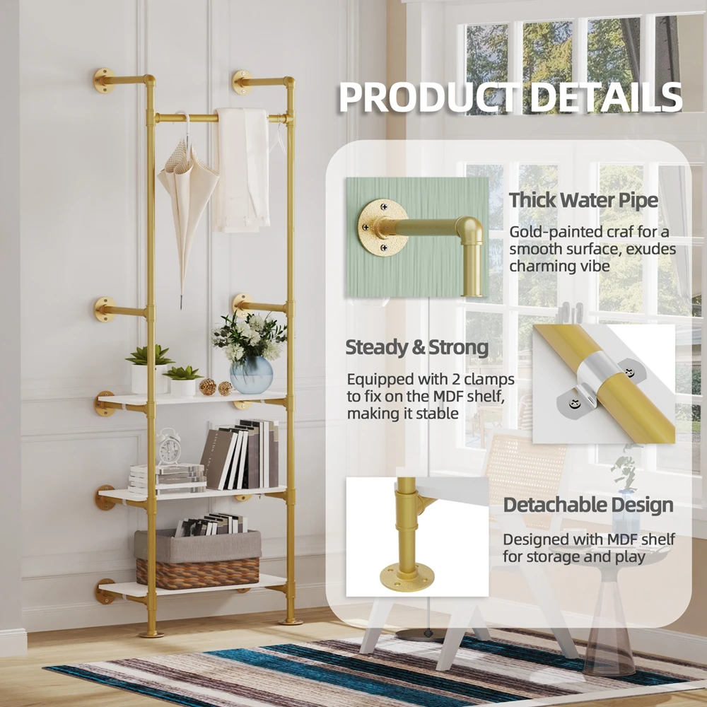 Wall Mounted Clothes Rack Industrial Pipe Gold Garment Rack with 3 Tier Shelves