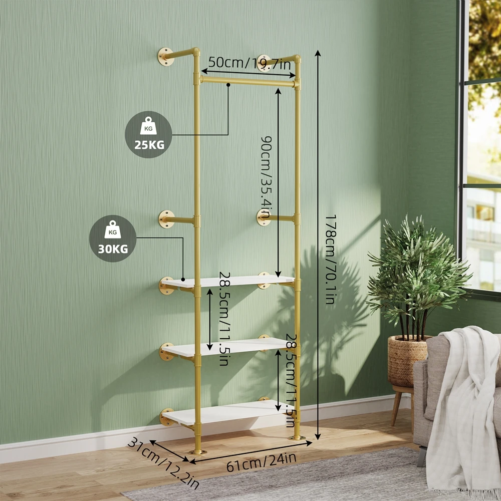 Wall Mounted Clothes Rack Industrial Pipe Gold Garment Rack with 3 Tier Shelves
