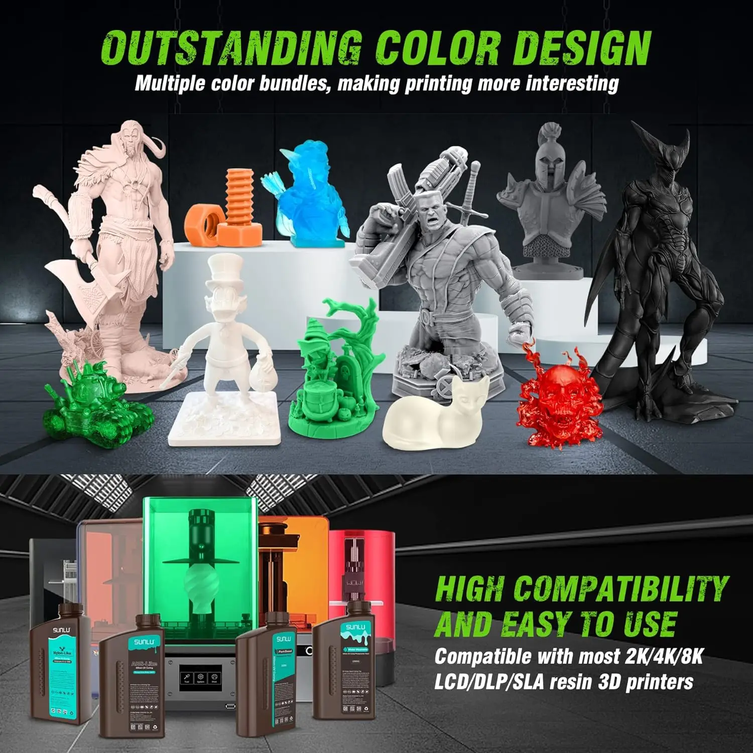 SUNLU 1KG Nylon-Like/Toughness 3D Resin 1000G/Bottle 405nm Rapid UV-Curing Photopolymer Resin for 4K/8K LCD/DLP/SLA 3D Printer