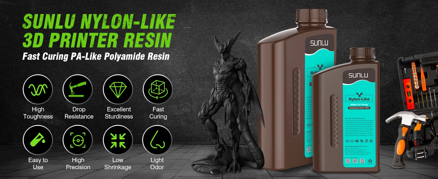 SUNLU 1KG Nylon-Like/Toughness 3D Resin 1000G/Bottle 405nm Rapid UV-Curing Photopolymer Resin for 4K/8K LCD/DLP/SLA 3D Printer