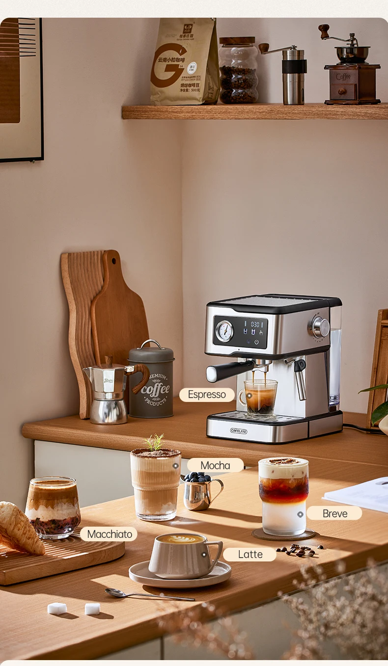 Cafelffe Espresso Coffee Machines Stainless Steel with Milk Frother Steam Wand Semi-Automatic Cappuccino Maker 20Bar Cafetera