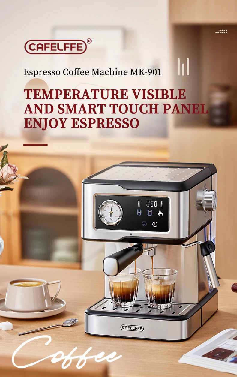Cafelffe Espresso Coffee Machines Stainless Steel with Milk Frother Steam Wand Semi-Automatic Cappuccino Maker 20Bar Cafetera