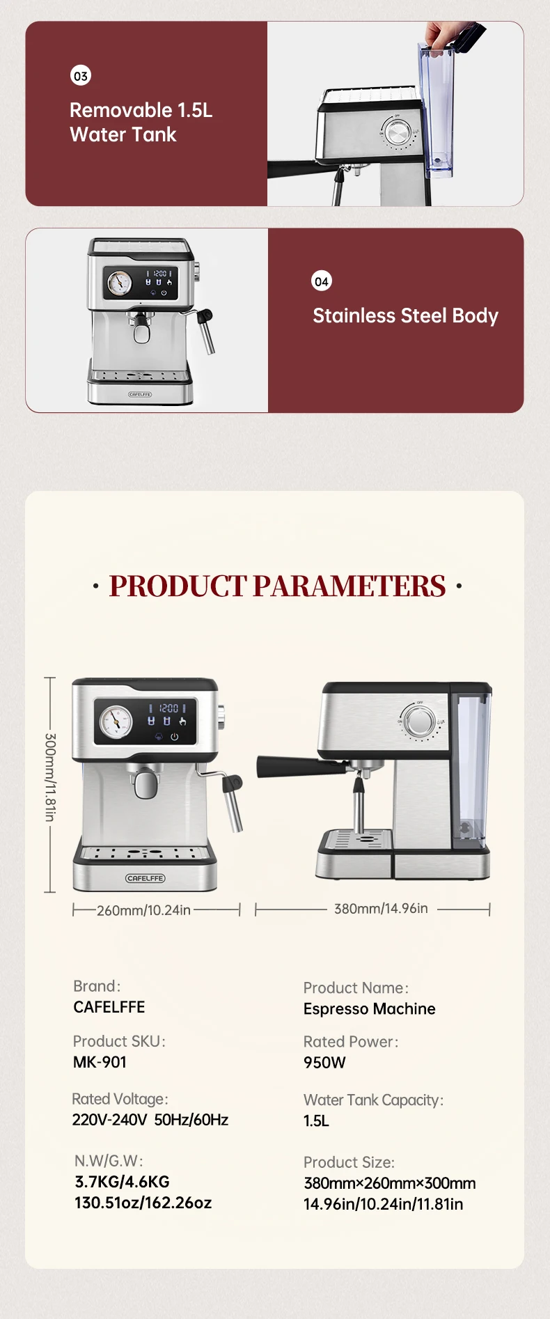 Cafelffe Espresso Coffee Machines Stainless Steel with Milk Frother Steam Wand Semi-Automatic Cappuccino Maker 20Bar Cafetera