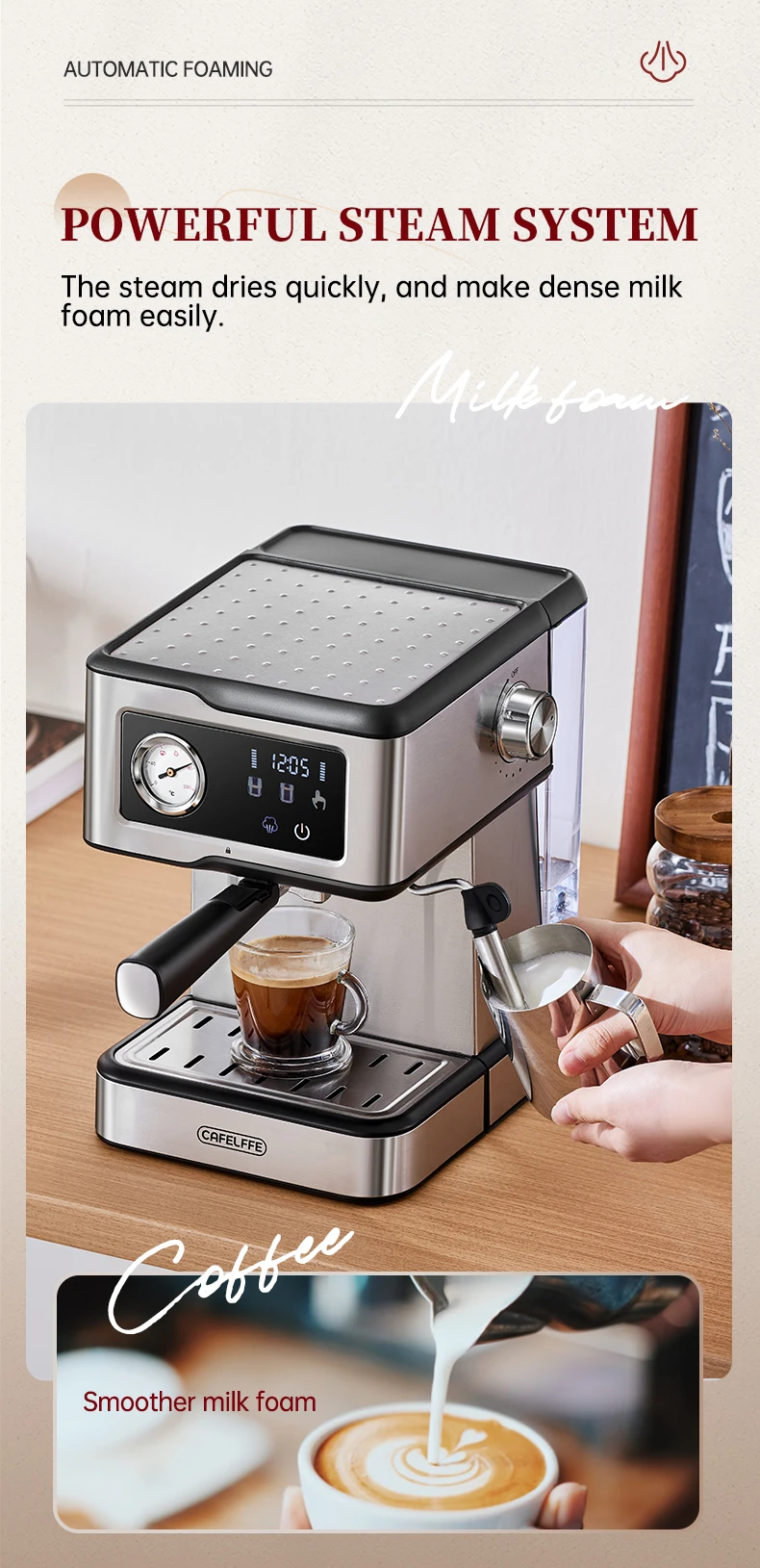 Cafelffe Espresso Coffee Machines Stainless Steel with Milk Frother Steam Wand Semi-Automatic Cappuccino Maker 20Bar Cafetera