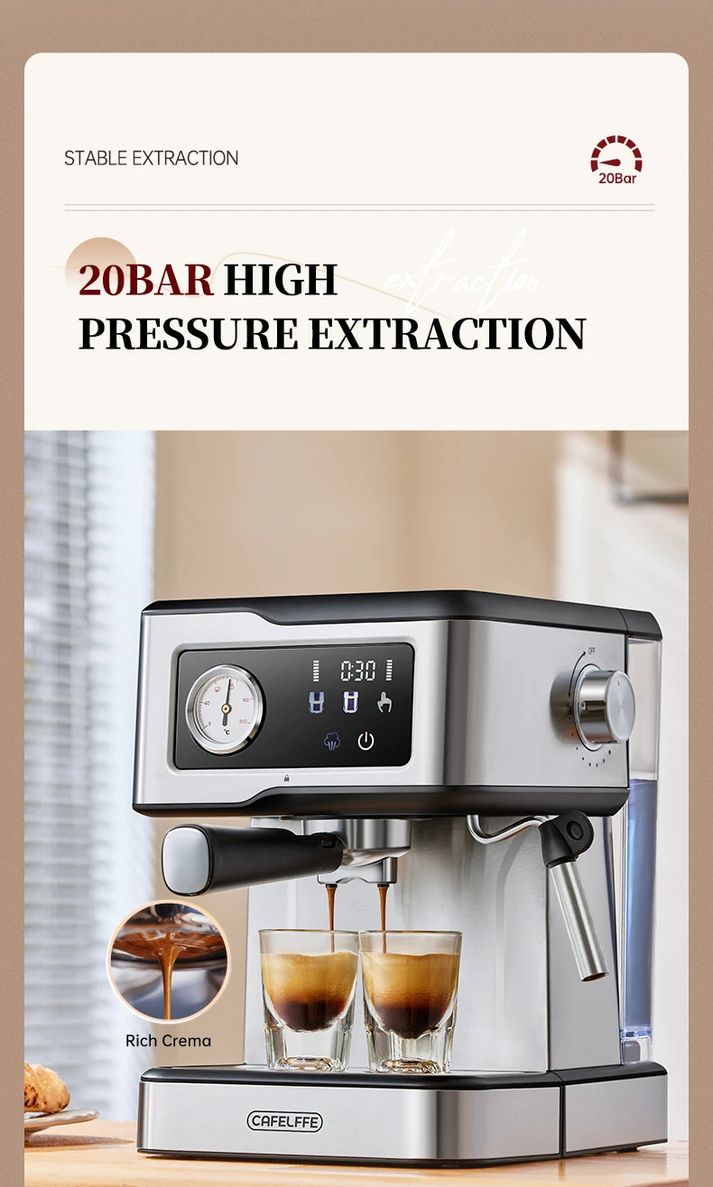 Cafelffe Espresso Coffee Machines Stainless Steel with Milk Frother Steam Wand Semi-Automatic Cappuccino Maker 20Bar Cafetera