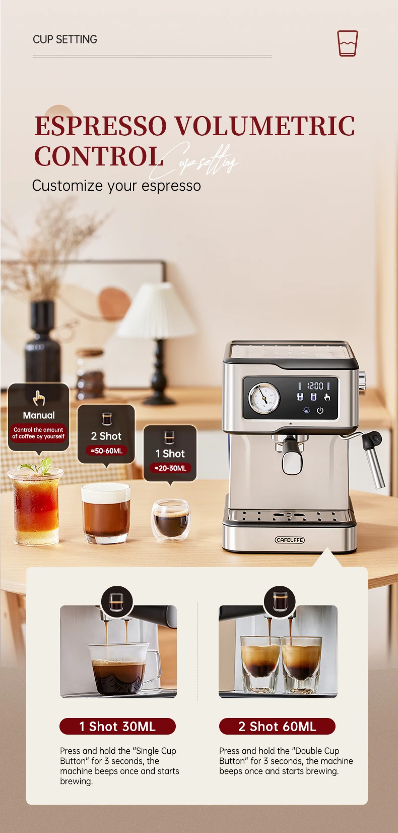 Cafelffe Espresso Coffee Machines Stainless Steel with Milk Frother Steam Wand Semi-Automatic Cappuccino Maker 20Bar Cafetera