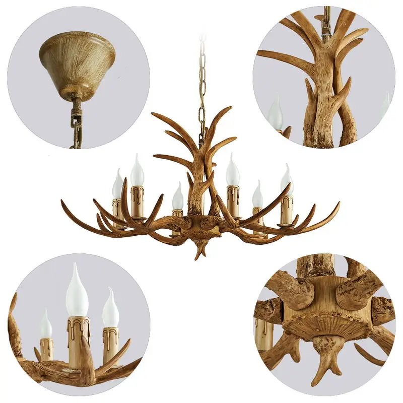 Vintage Chandelier Resin Deer Horn Antler Ceiling Light Pendant Lamp For Restaurant Bedroom Living Room Home Decor