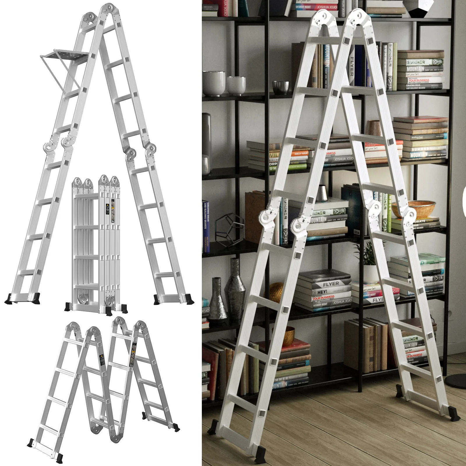 4.7m Folding Ladder Multi-Purpose Aluminium Extension with Safety Platform, 16 Steps Heavy Duty Combination EN131 Standard