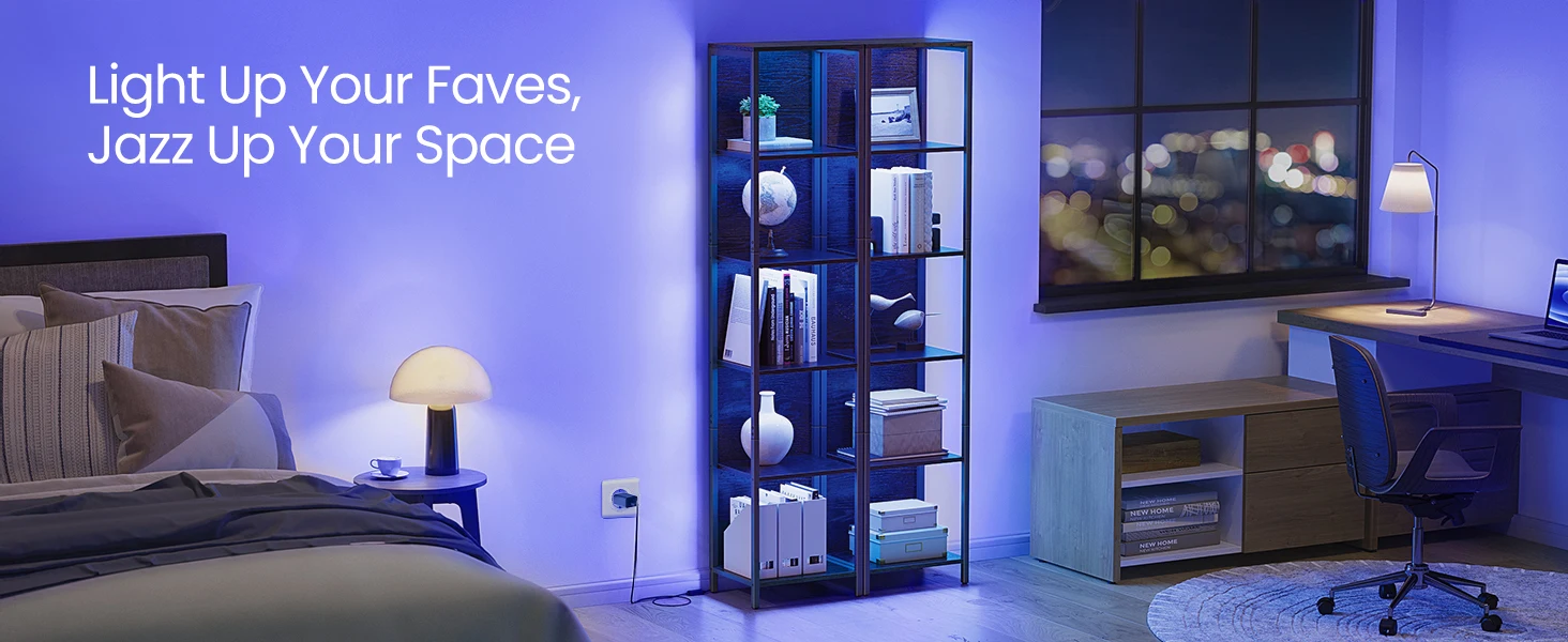 VASAGLE 6-Tier LED Bookcase, Bookshelf with Dimmable Lights, Storage Shelf with Steel Frame, 30.3 x 40 x 178.6 cm