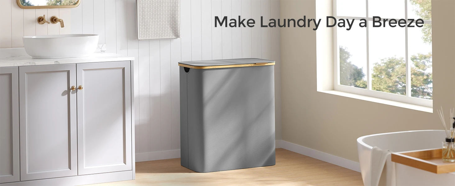 SONGMICS Laundry Basket with Lid,3-Section Large Laundry Hamper,Removable Mesh Liner,Oxford Fabric,Bamboo Handles,Collapsible