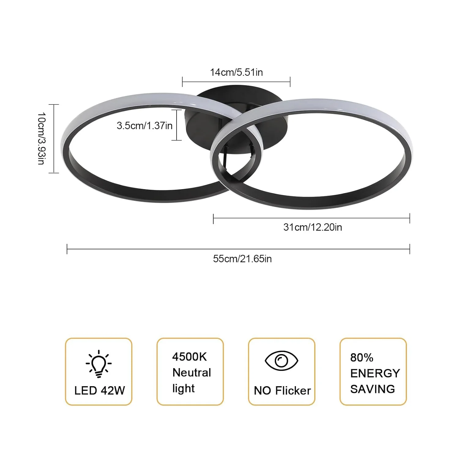 Ceiling Light Modern LED Black Double Ring Ceiling Lamp Natrual Light 4000K Lighting Fixtures for Bedroom Kitchen Living Room St