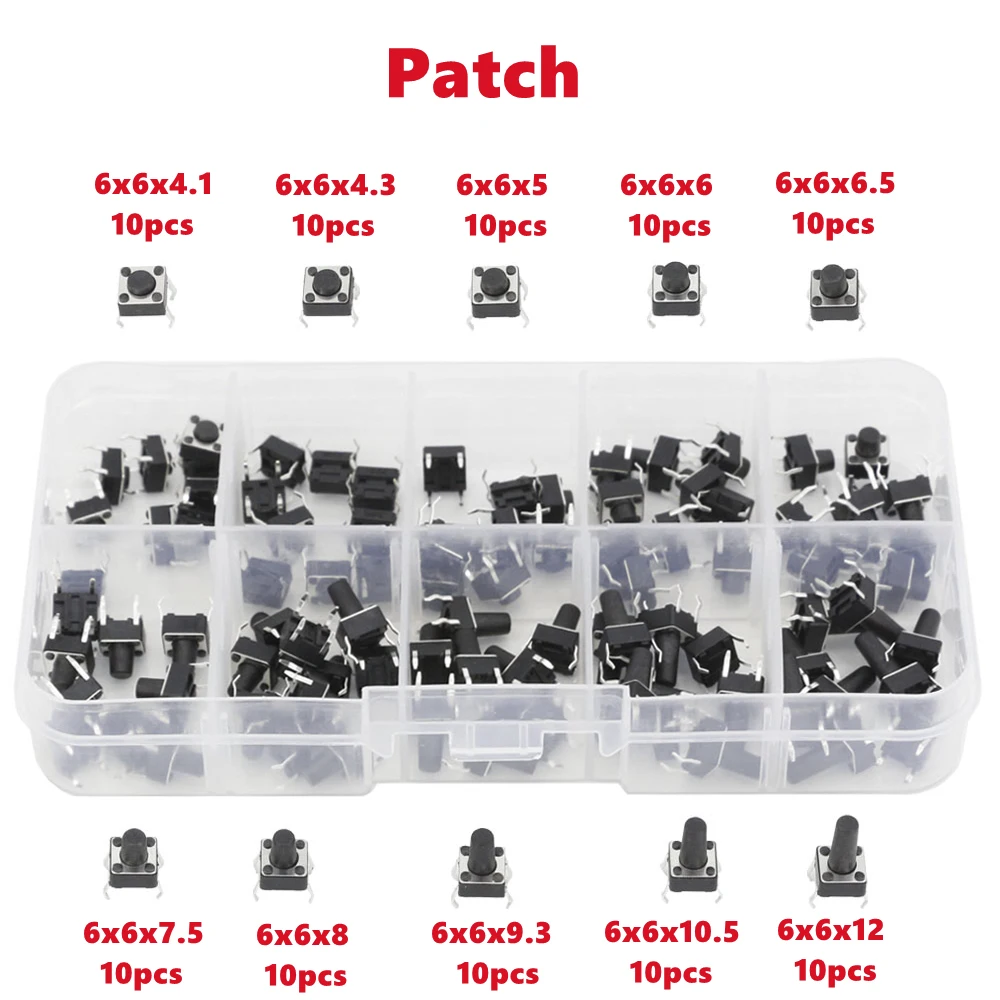 100 PCS 10 Models 6*6 Tact Switch Tactile Push Button Switch Kit Height: 4.1 5~12MM DIP 4P Micro Switch 6x6 Key Switch