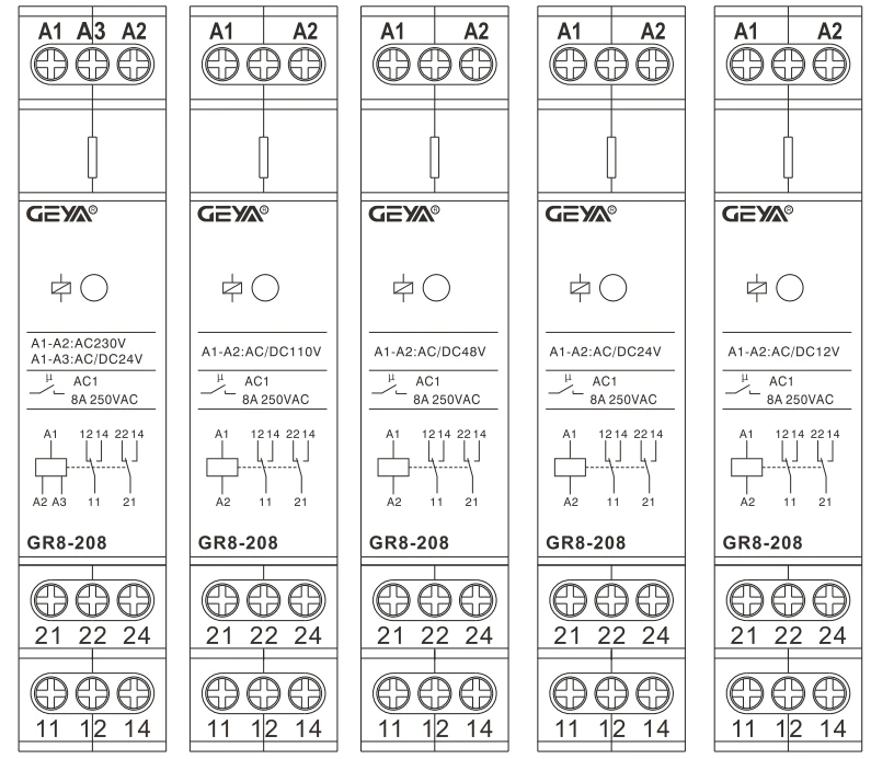 GEYA GR8-208 Auxiliary Relay Intermediate Switch 8A 2SPDT 12V 24V 48V 110V 220V RELAYS Din Rail Module