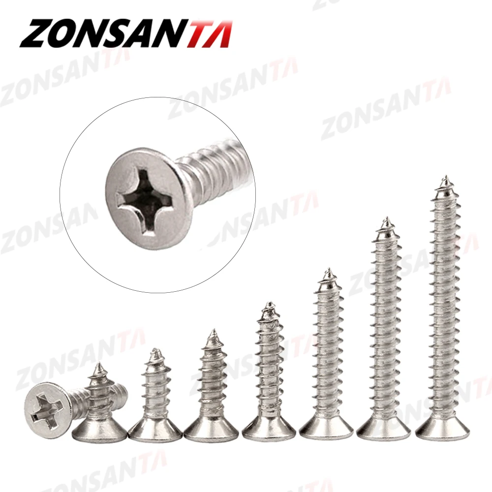 ZONSANTA M1.4 M1.7 M2 M2.3 M2.6 M3 M4 M5 M6 304 Stainless Steel Cross Recessed Countersunk Flat Head Tapping Screws Wood Screw