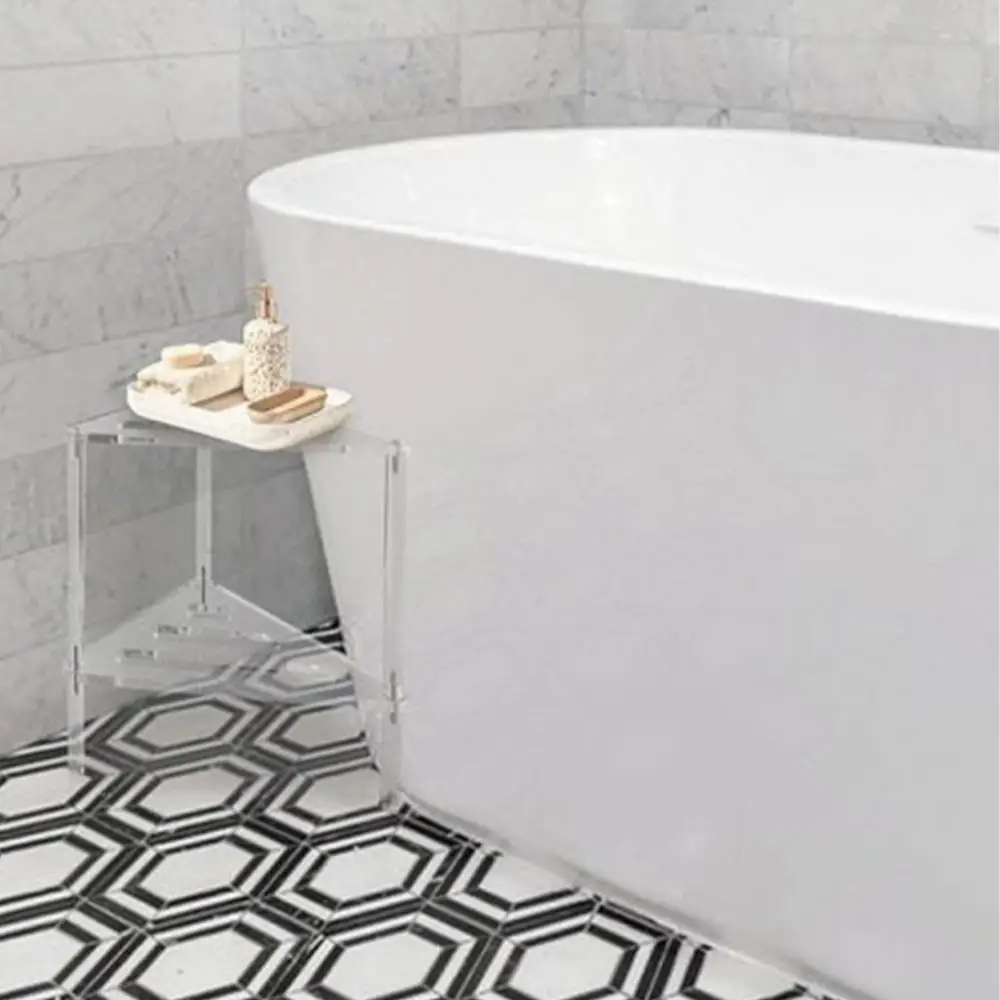 Acrylic Corner Shower Stool Non-Slip Shower Caddies Stool Stable Heavy Duty Bathing Chairs With Storage Shelf For Bathroom