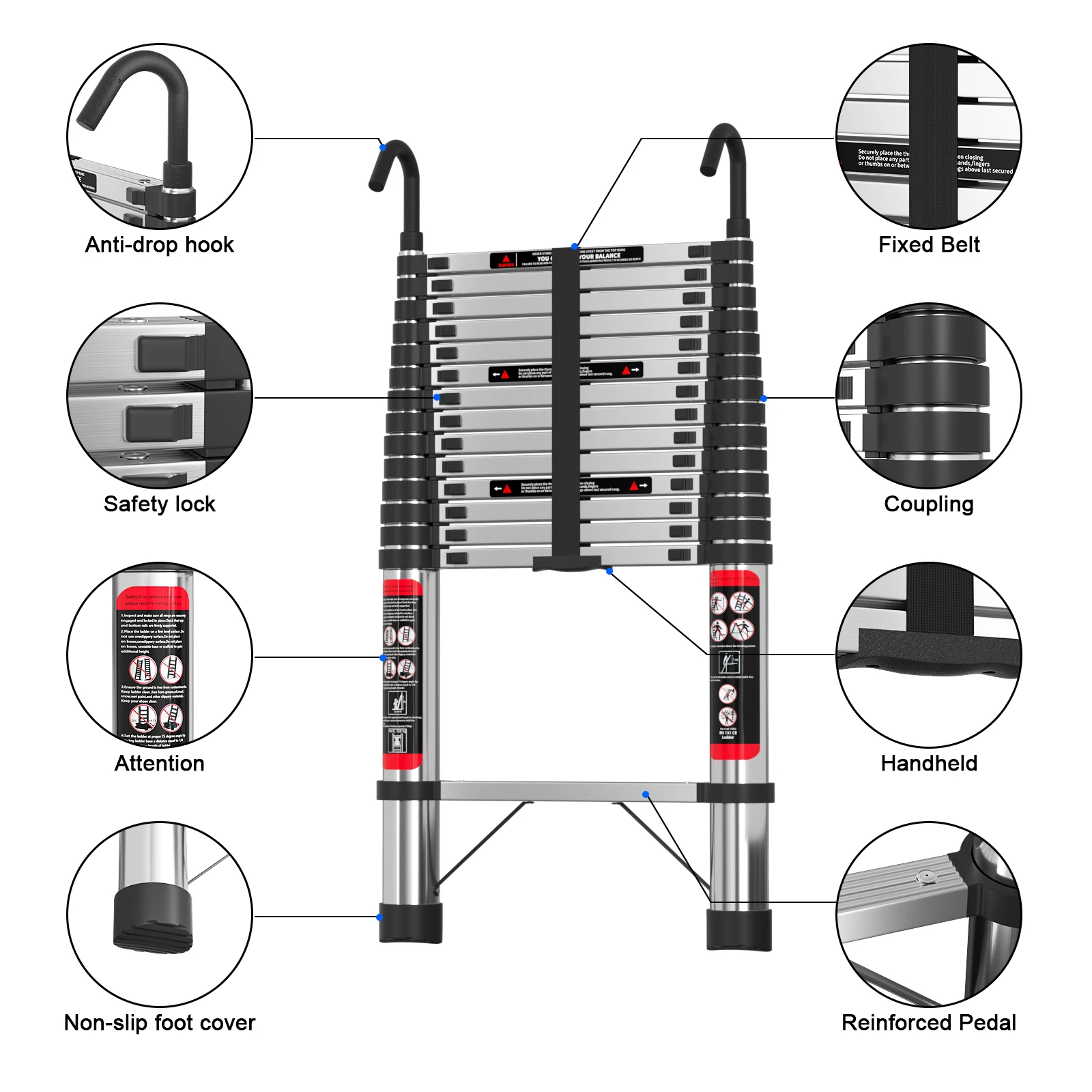 4.4m Telescopic Ladder Stainless Steel Convenient Extendable ,For Pulling Walls, Changing Light Bulbs,Repairing Roofs,RV