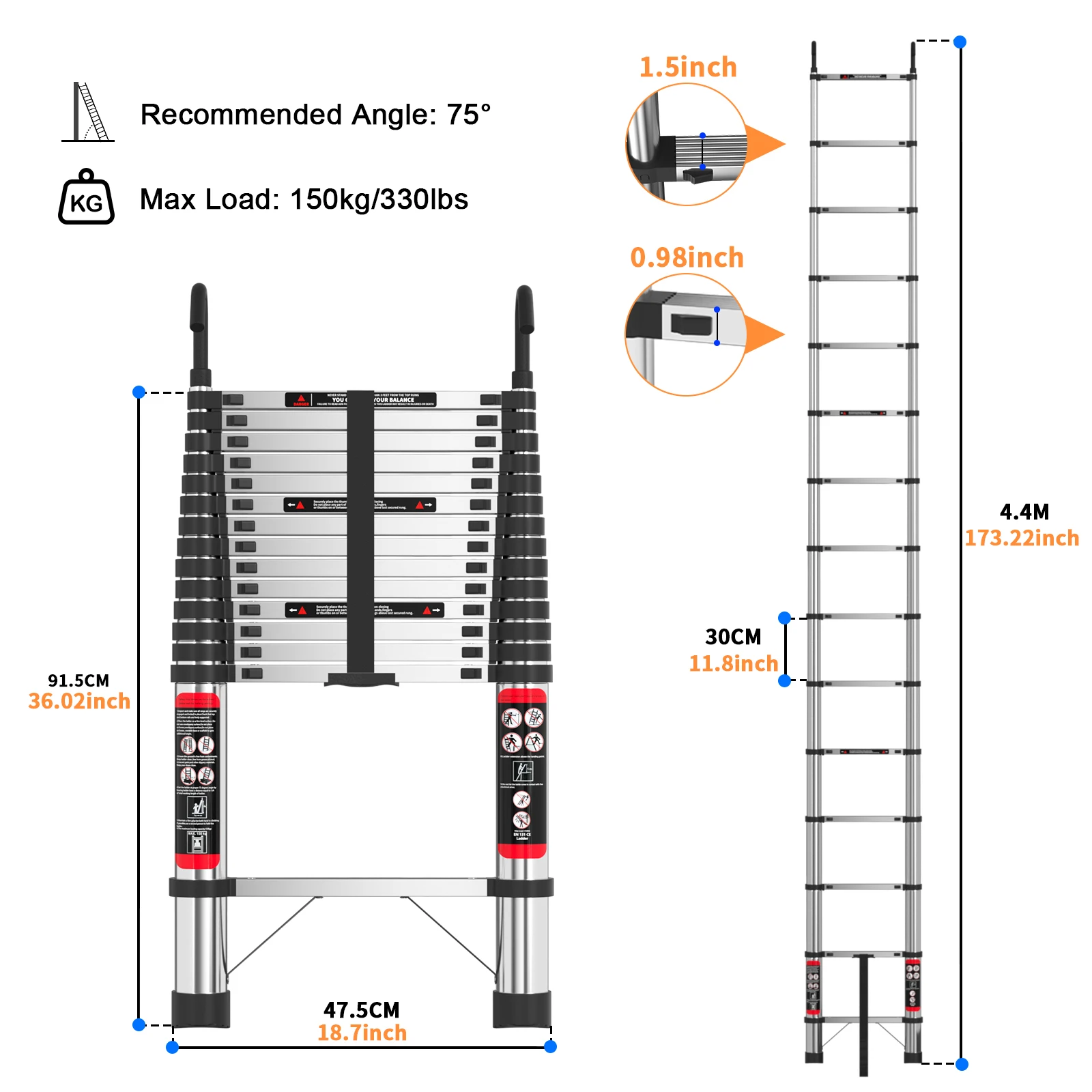 4.4m Telescopic Ladder Stainless Steel Convenient Extendable ,For Pulling Walls, Changing Light Bulbs,Repairing Roofs,RV