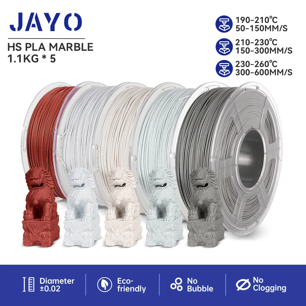JAYO PLA Filaments 5 Rolls High-speed PLA Marble 1.75mm FDM 3D Printer Materials Neatly Wound High Toughness for FDM 3D Printer