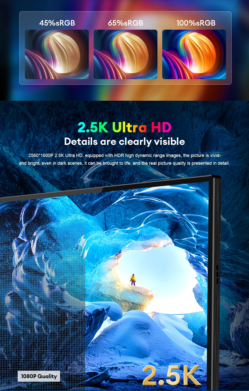 ZEUSLAP Portable Monitor Touch Screen 16" 2.5K 144hz Travel Display 2560*1600 For Laptop Computer Game Consoles Gift Man Gifts