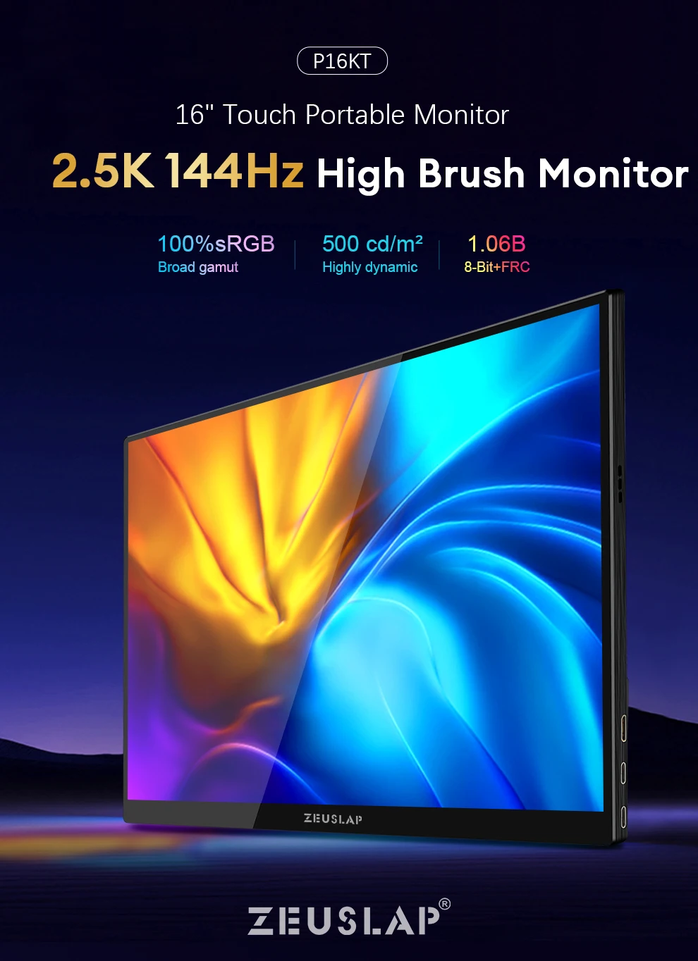 ZEUSLAP Portable Monitor Touch Screen 16" 2.5K 144hz Travel Display 2560*1600 For Laptop Computer Game Consoles Gift Man Gifts