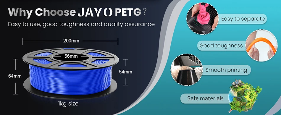 JAYO PETG Clear 3D Printer Filament 1.75 ±0.02mm 1.1kg/roll High Toughness Neatly Wound Filament Fit Most FDM Printer