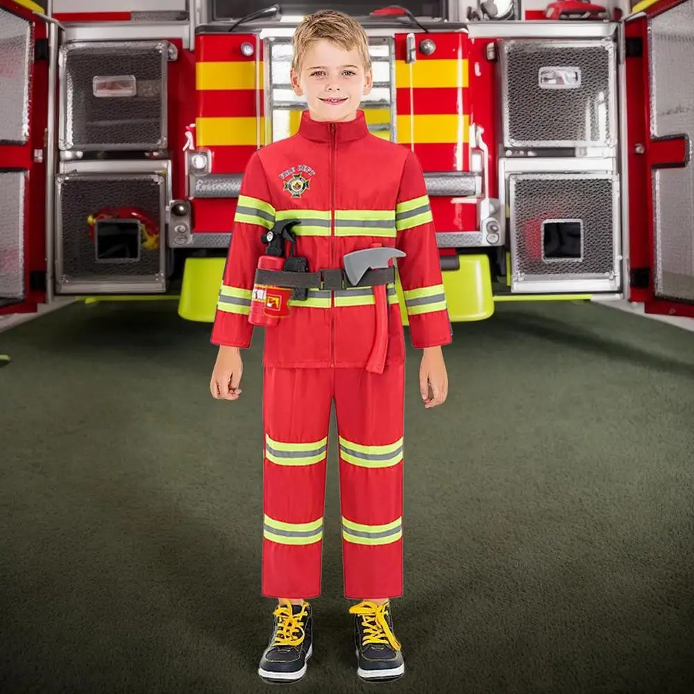 Kids Firefighter Halloween Cosplay Uniform Toys Children Firemen Role Work Clothing Suit Boy Girl Performance Party Costumes