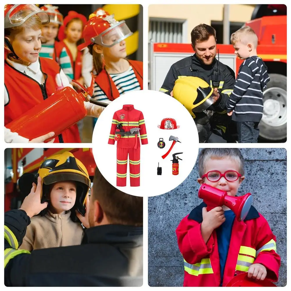 Kids Firefighter Halloween Cosplay Uniform Toys Children Firemen Role Work Clothing Suit Boy Girl Performance Party Costumes