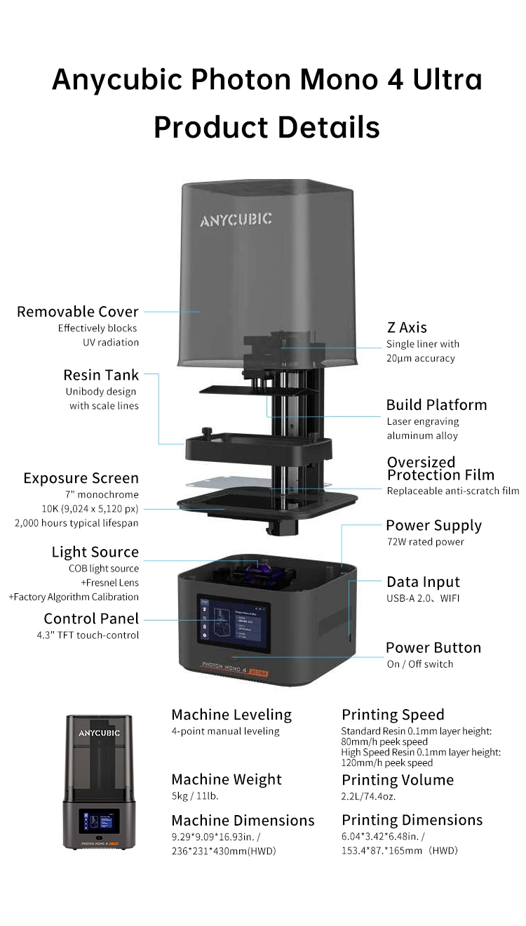 ANYCUBIC Photon Mono 4 Ultra LCD 3D Printer 7" 10K High Precision UV Resin 3D Printing 2.2L Build Volume Size 236mm*231mm*430mm
