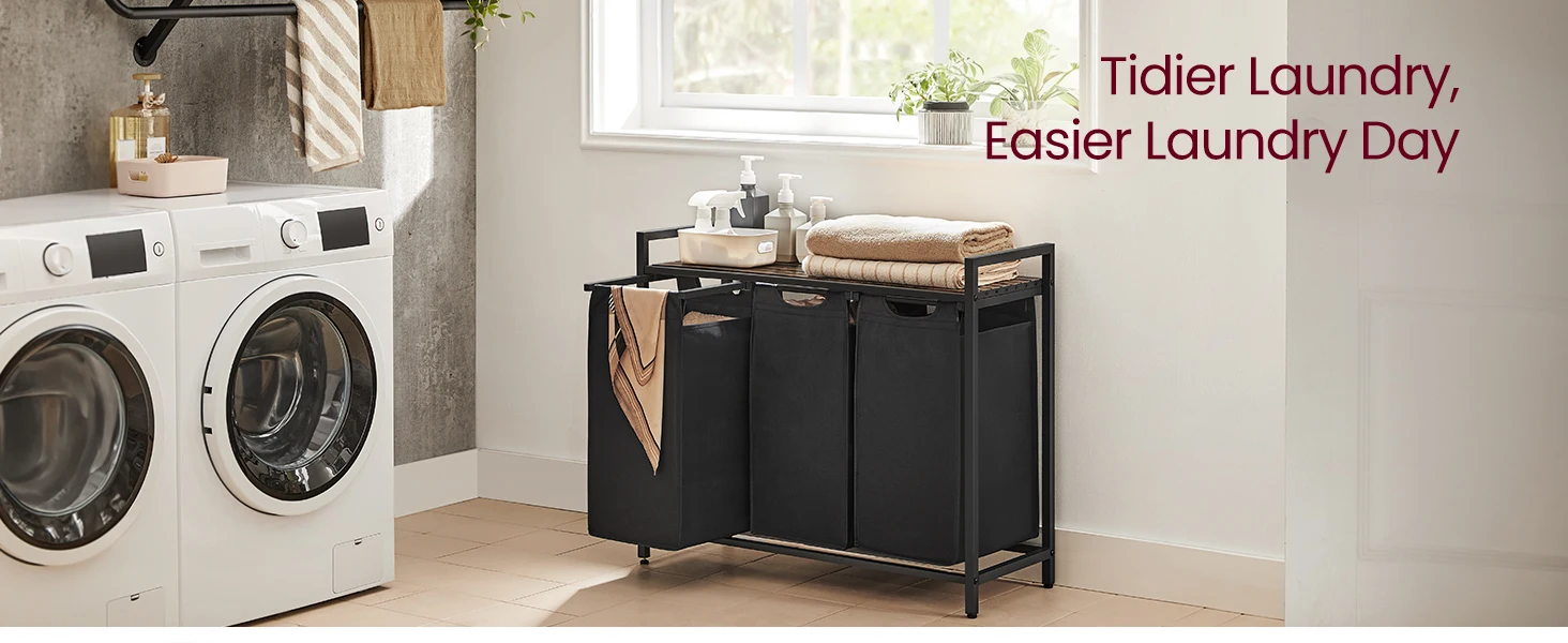 VASAGLE Laundry Basket, 3-Compartment Laundry Hamper, Pull-Out and Removable Laundry Bags, Laundry Sorter, Shelf, Metal Frame