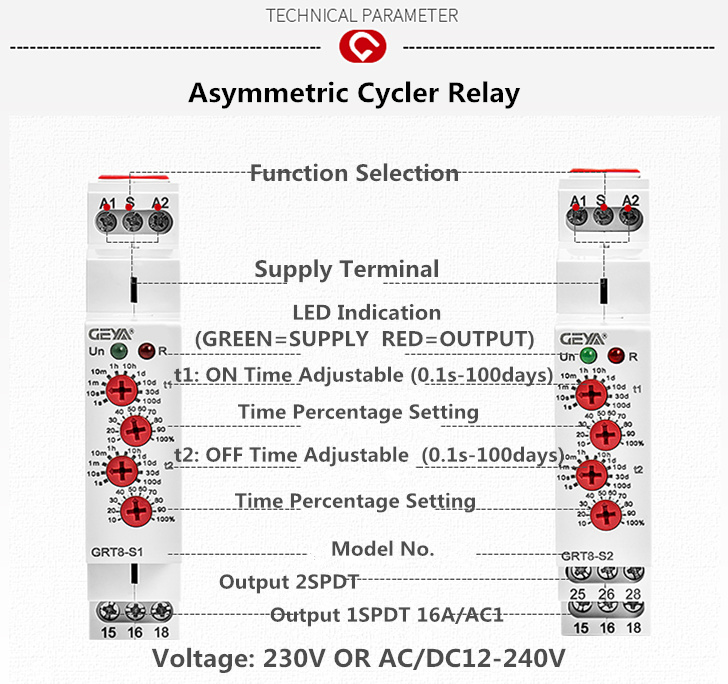 GEYA GRT8-S Asymmetric Cycle Timer Relay SPDT 220V 16A AC/DC12V-240V Electronic Repeat Relay