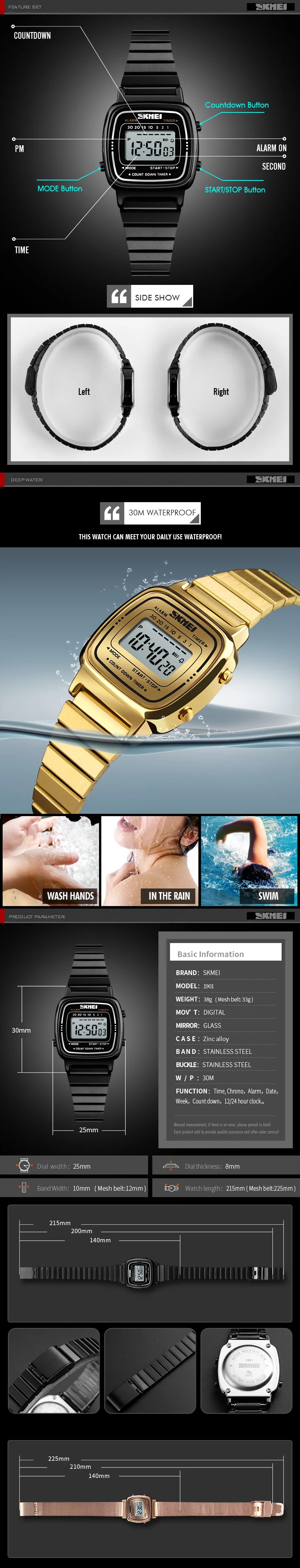 Skmei Women Bracelet Dress Watches Luxury Brand Stainless Steel Strap Fashion Waterproof Digital Chronograph Wristwatch