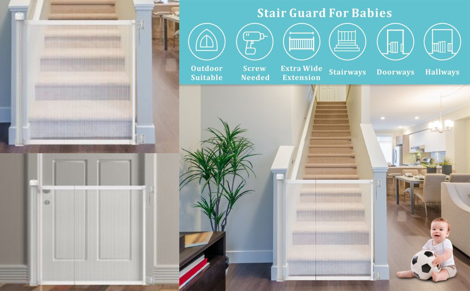 Retractable Stair Gate for Baby Pet, Extra Wide Baby Gate One-Hand Operation Safety Gate, Kids Safety Gate for Stairs, Hallways