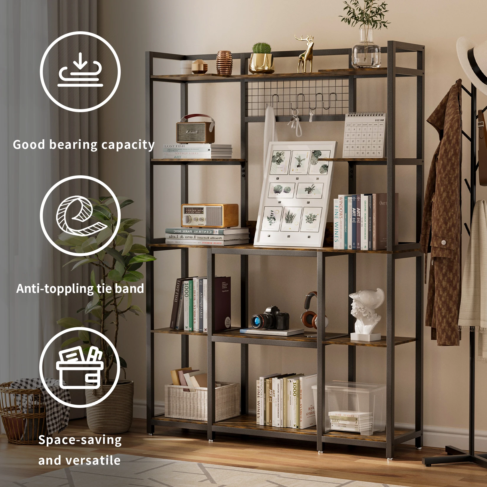 5 Tier Industrial Bookshelf Kitchen Baker Storage Rack Metal Organizer Shelves Unit