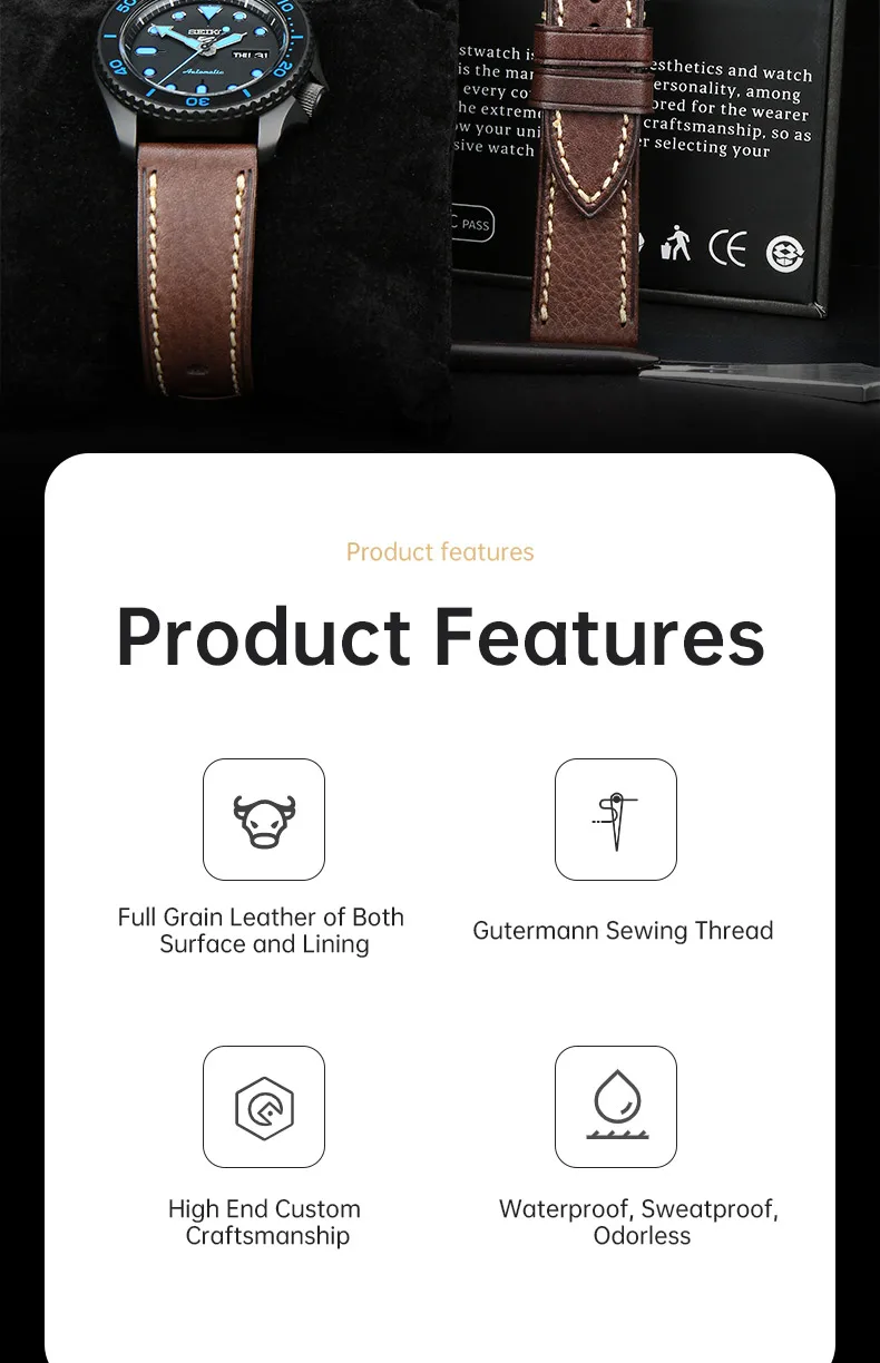 MAIKES Full Grain Cow Leather Strap Men's Vintage Watch Bracelet Handmade Accessories For Omega Hamilton watch band