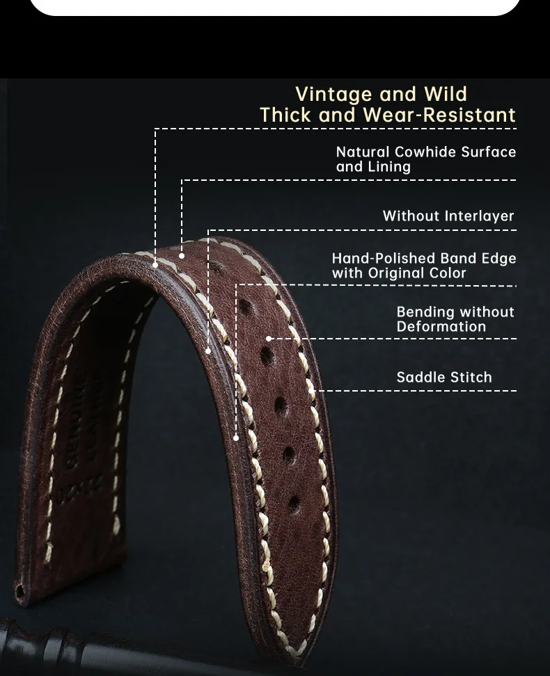 MAIKES Full Grain Cow Leather Strap Men's Vintage Watch Bracelet Handmade Accessories For Omega Hamilton watch band