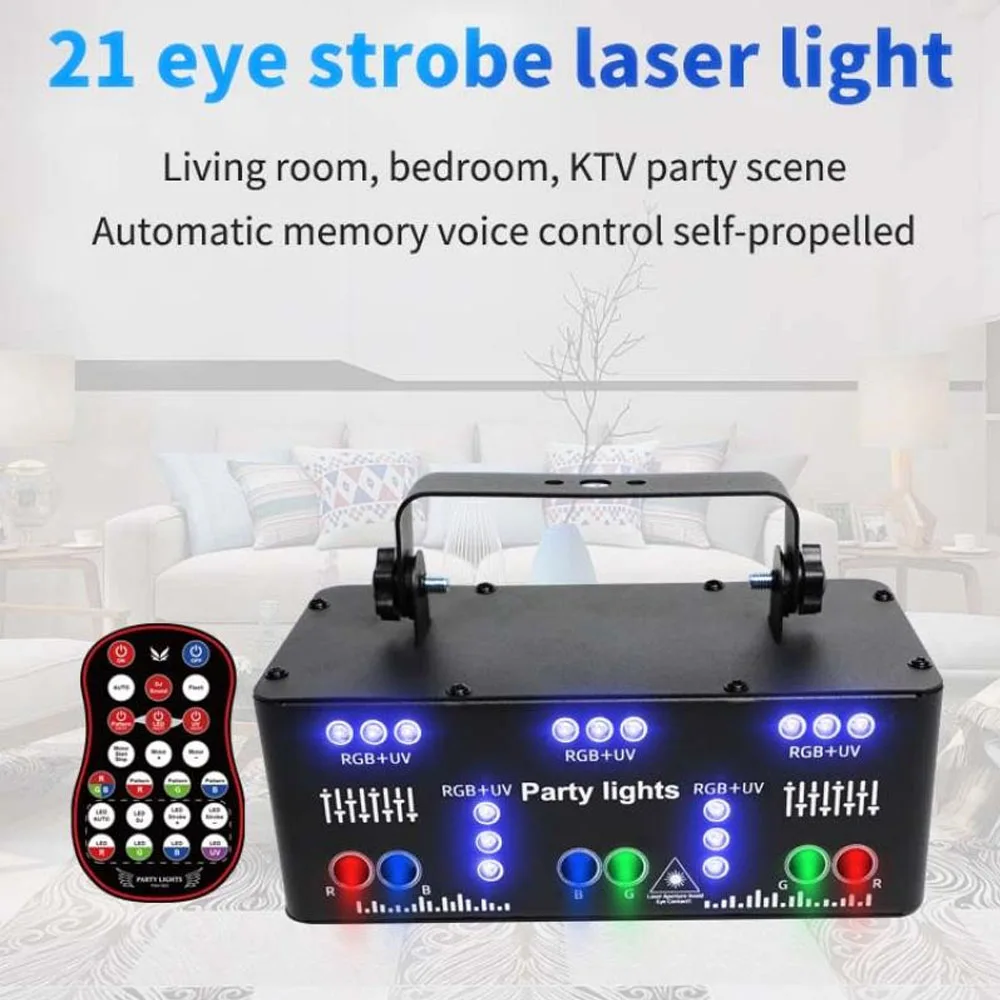 21 Hole DJ Disco Light RGB Party Beam Patterns Stage Laser Light Projector RGB UV LED Strobe Sound Party Holiday Wedding Lamp