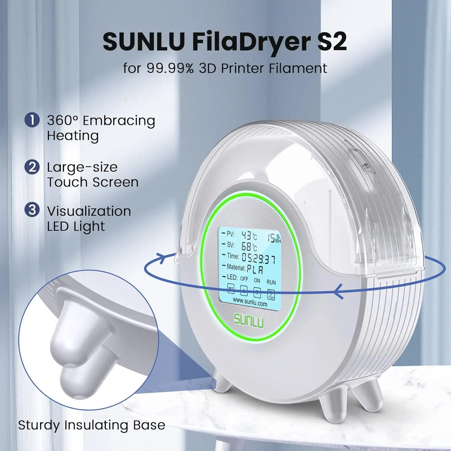 SUNLU S2 Filament Dryer 360° Surrounding Heating Storage Box with Fan LED Touch Screen for 3D Filament Dryer Printing Mate